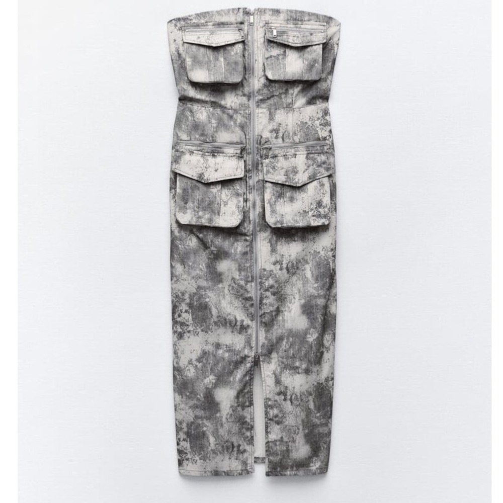 🆕️‎ NWOT - Zara Womens Grey Acid Wash Cargo Utility Strapless Midi Dress XS